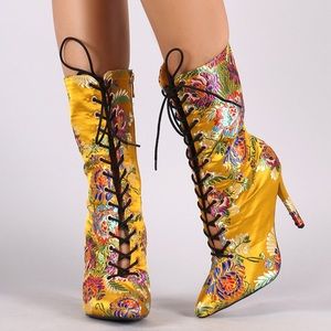 Floral Brocade Mid Calf Satin Boots